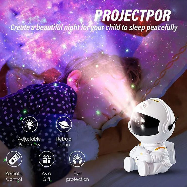 An astronaut-shaped projector casting light patterns