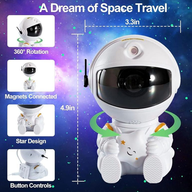 An astronaut-shaped projector casting light patterns