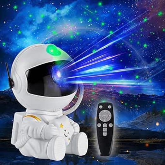 An astronaut-shaped projector casting light patterns