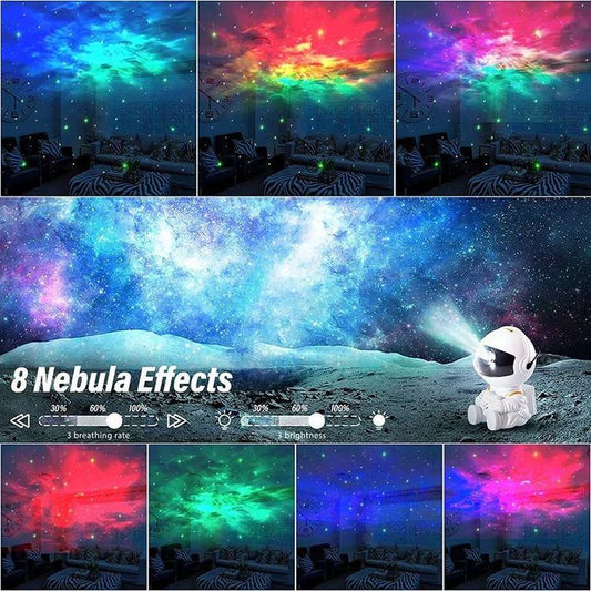 An astronaut-shaped projector casting light patterns